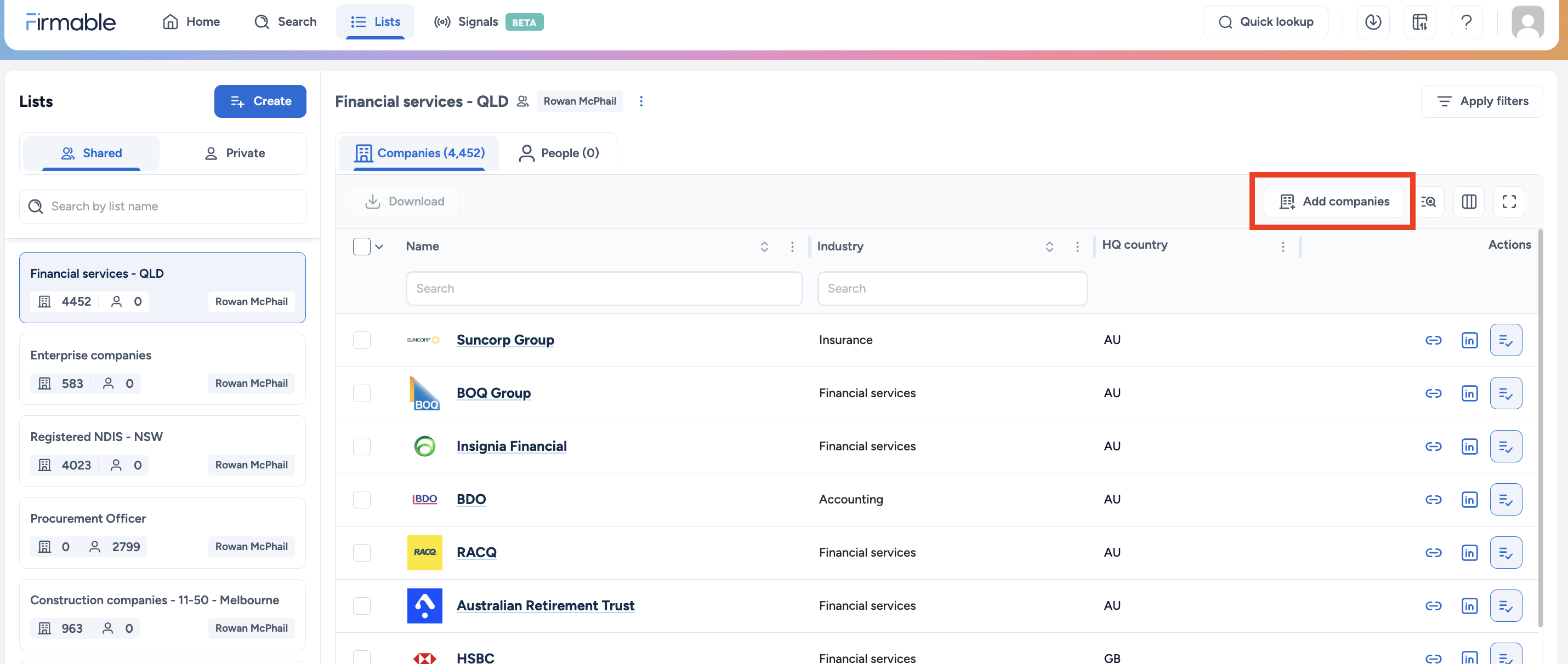 Add companies (list view)