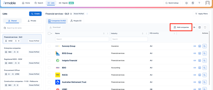 Add companies (list view)