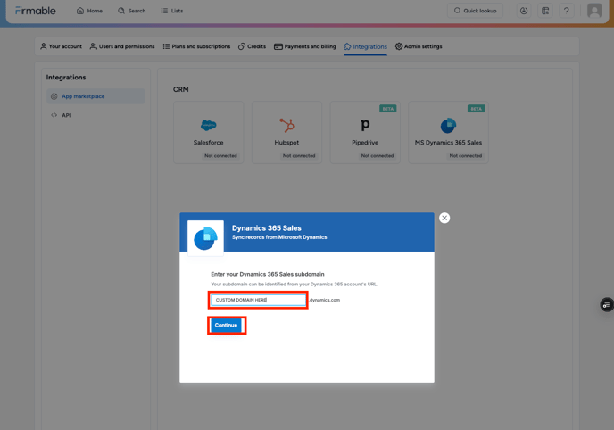 Enter domain and clikc continue