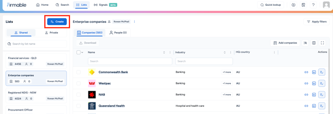 List screen - create list
