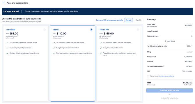 Plans and subs screen