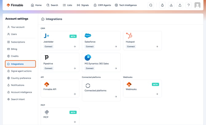 Integrations in the Account settings sidebar highlighted