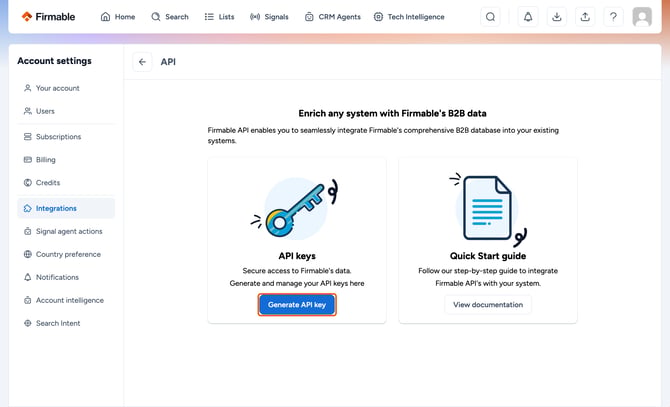 Generate API key button highlighted