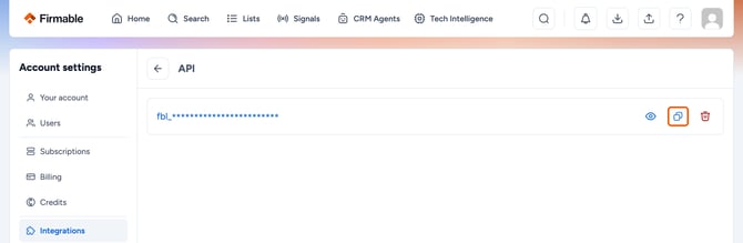 Copy icon on the key row highlighted