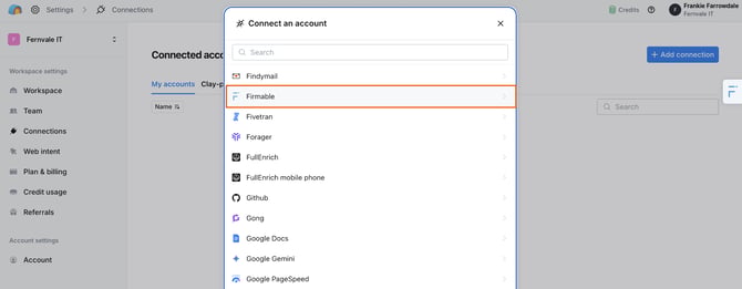 The Clay Connect an account list showing Firmable