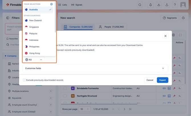 The XLSX export dialog with the local data country dropdown open and highlighted