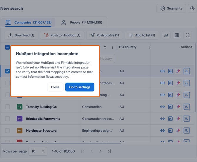 HubSpot integration incomplete message