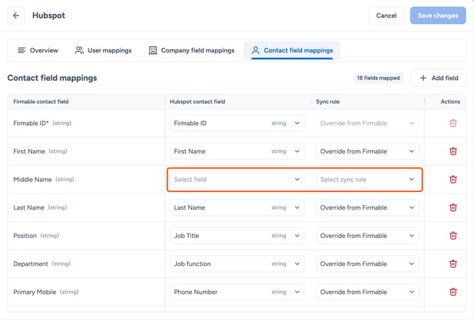 HubSpot contact field column highlighted, including an unmapped row