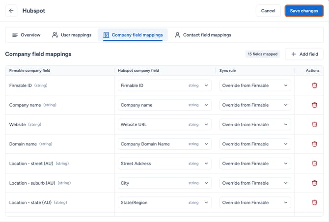 Save changes on the Company field mappings tab highlighted
