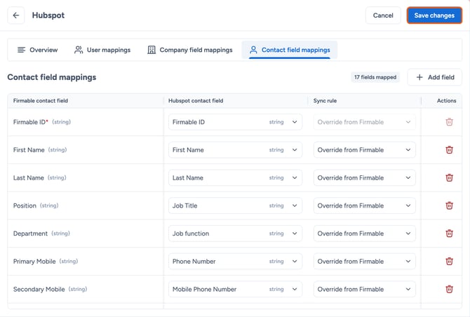 Save changes on the Contact field mappings tab highlighted