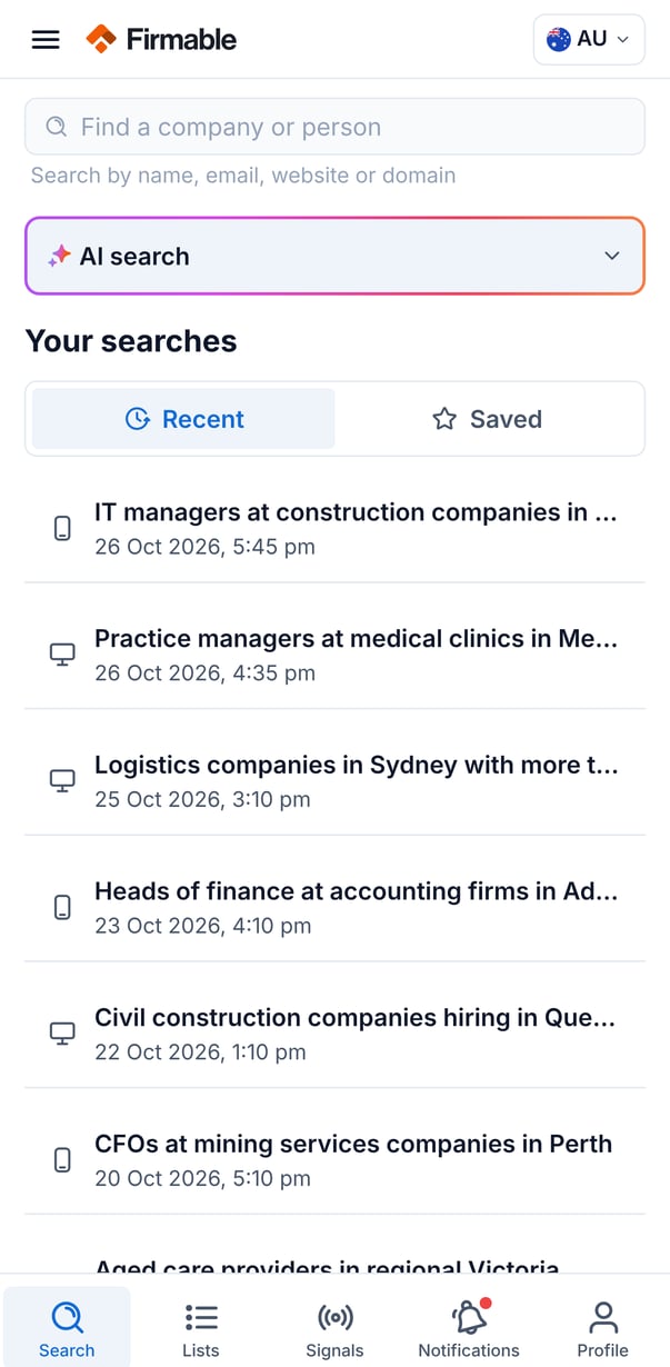The Search tab with quick lookup, AI search and recent searches, and the bottom tab bar