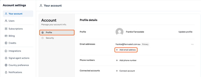 The Your account page with the Profile tab and Add email address highlighted