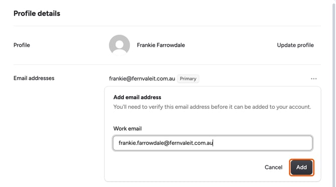 The Add email address form with a new work email entered and the Add button highlighted