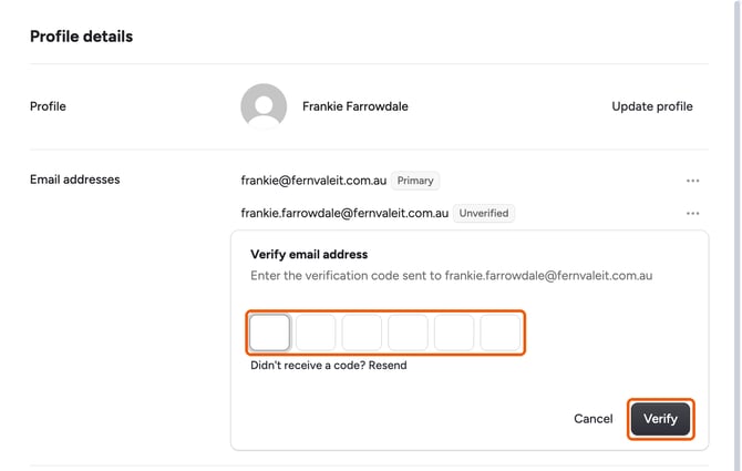 The Verify email address form with the 6 code boxes and the Verify button highlighted