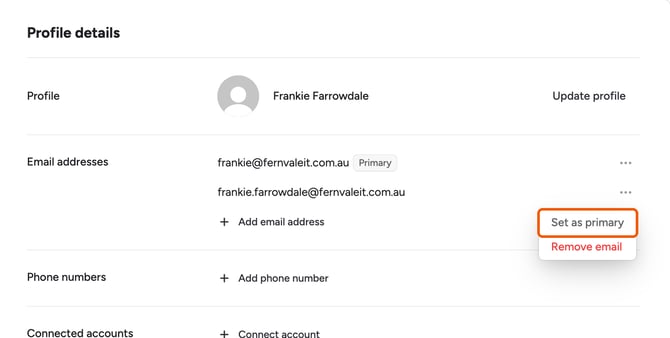 The menu next to the new email address with Set as primary highlighted