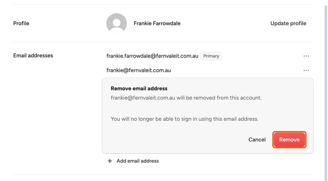 The Remove email address confirmation for the old address with the Remove button highlighted