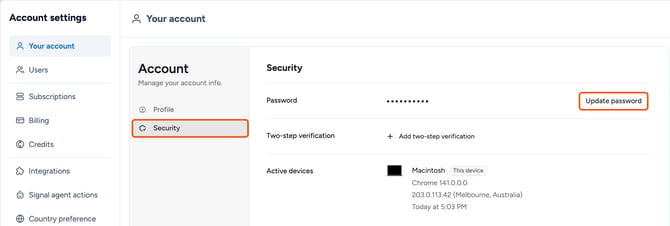The Your account page with the Security tab and the Update password button highlighted