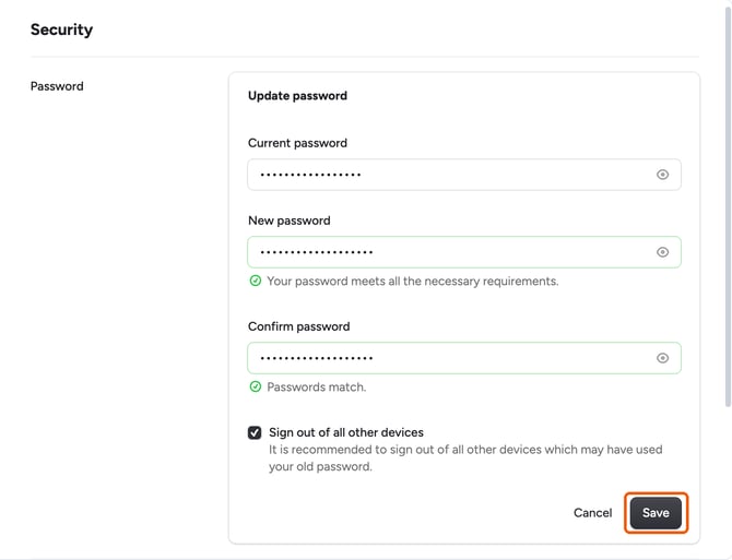 The Update password form with the Current password, New password and Confirm password fields filled in and the Save button highlighted