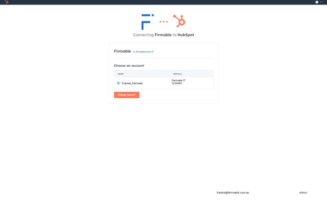The HubSpot Choose an account page with the Choose Account button