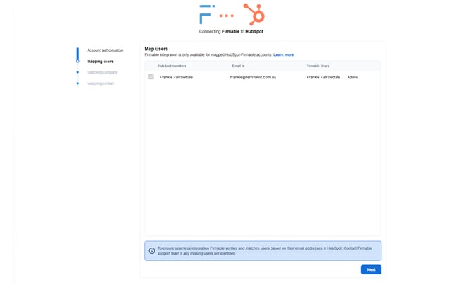 The Map users step listing HubSpot members matched to Firmable users