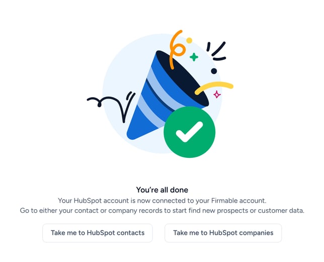 The You're all done page confirming the HubSpot account is connected to Firmable
