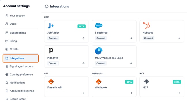 Account settings with Integrations highlighted in the sidebar