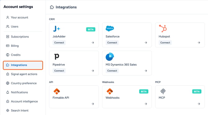 The Account settings sidebar with Integrations highlighted