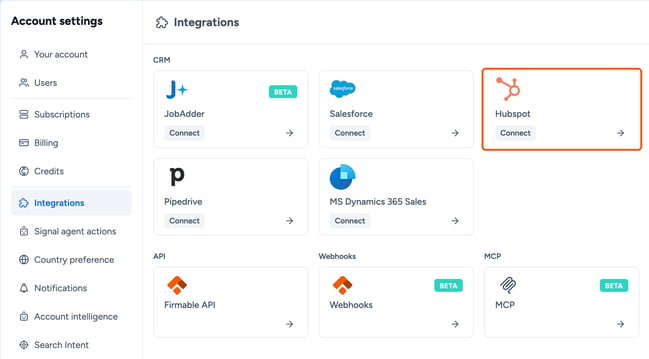 The Integrations page with the HubSpot card highlighted