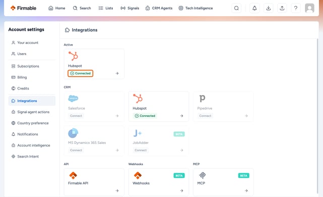 Connected badge on the HubSpot card highlighted