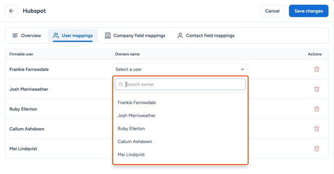 Open owner dropdown highlighted