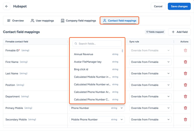 Contact field mappings tab highlighted