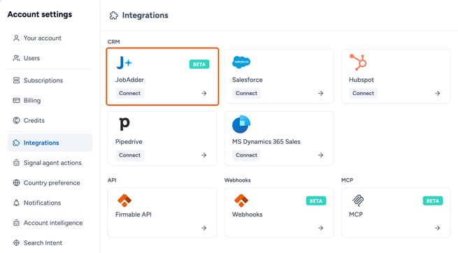 The Integrations page with the JobAdder card highlighted