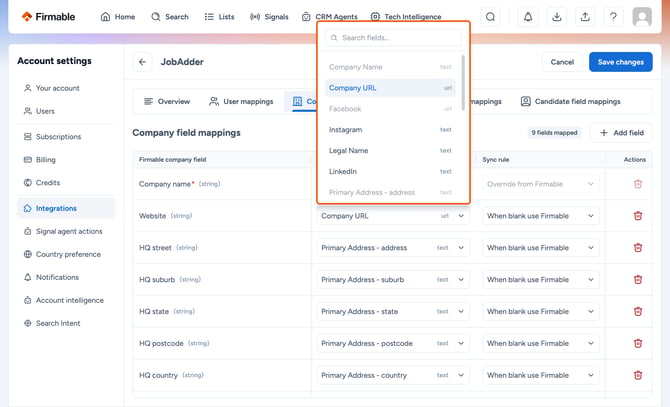 Open JobAdder company field dropdown highlighted