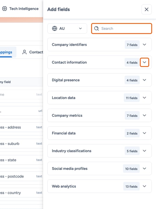 Search box and a category expand arrow highlighted