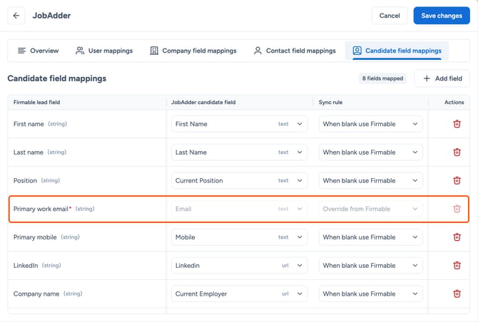 Locked Primary work email row on the Candidate field mappings tab highlighted