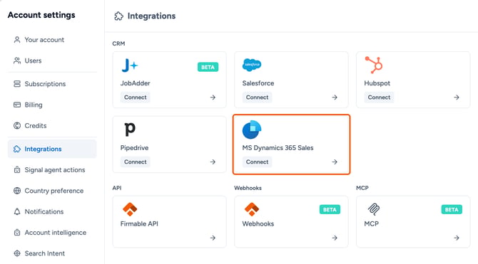 The Integrations page with the MS Dynamics 365 Sales card highlighted