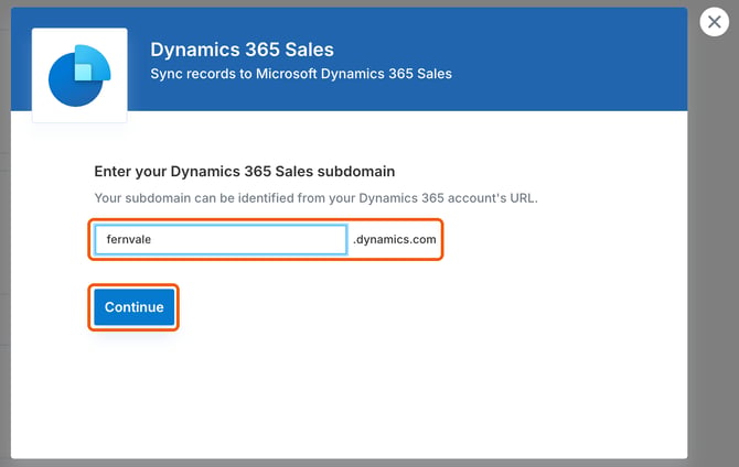 The Dynamics 365 Sales dialog with the subdomain field and Continue highlighted