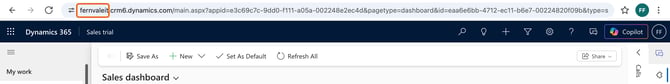 A Dynamics 365 environment URL in the browser with the subdomain highlighted