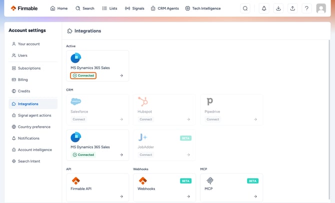 Connected badge on the MS Dynamics 365 Sales card highlighted