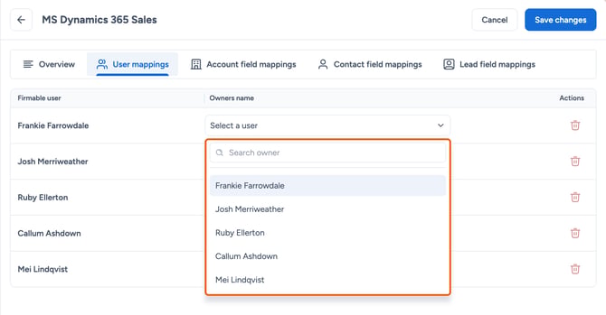 Open Owners name dropdown highlighted