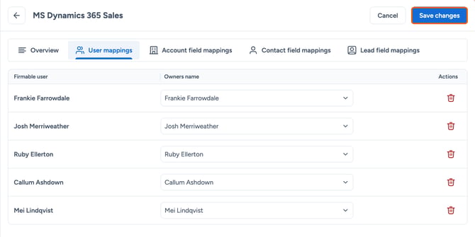 The MS Dynamics 365 Sales User mappings tab with Save changes highlighted