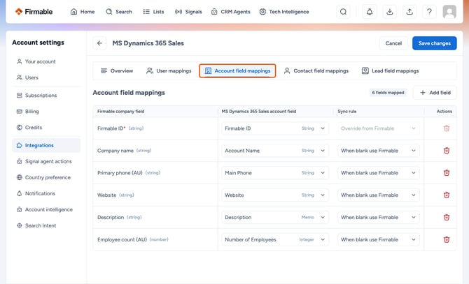 Account field mappings tab highlighted