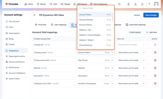 Open MS Dynamics 365 Sales account field dropdown highlighted