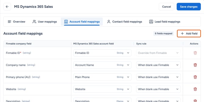 The MS Dynamics 365 Sales Account field mappings tab with Add field highlighted