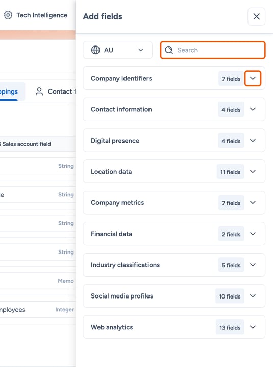 Search box and a category expand arrow highlighted
