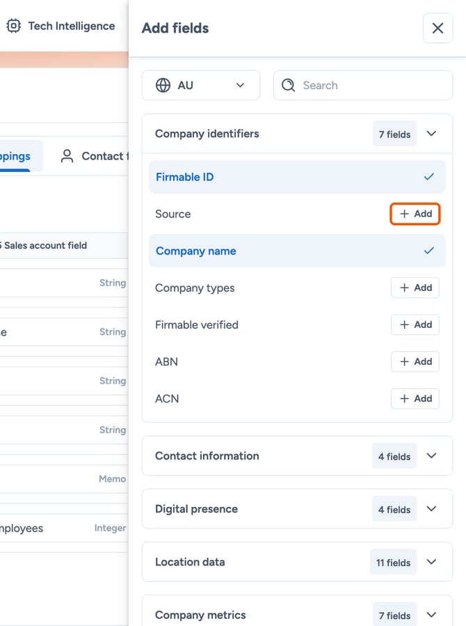 + Add next to an unmapped field highlighted