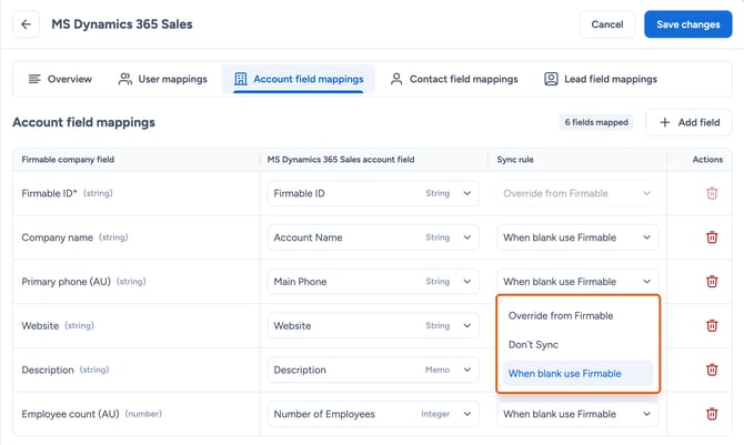 Open Sync rule dropdown highlighted