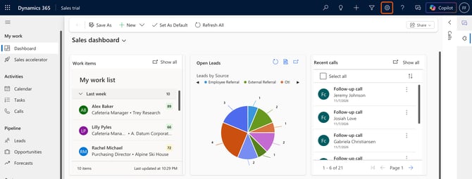The Dynamics 365 Sales dashboard with the Settings icon highlighted