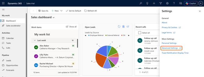The Dynamics 365 Settings panel with Advanced Settings highlighted