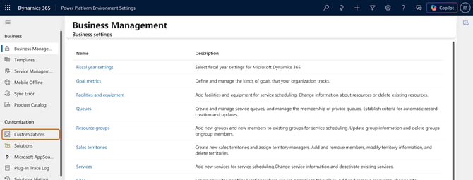 The Dynamics 365 Power Platform Environment Settings sidebar with Customizations highlighted